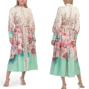 💙🔹️NANCY YANG 🔹️Stand Collar Floral Dress With Belt
